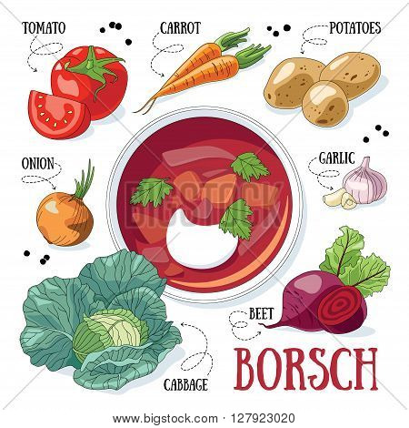 Russian traditional vegetable soup - borsch and its ingredients.