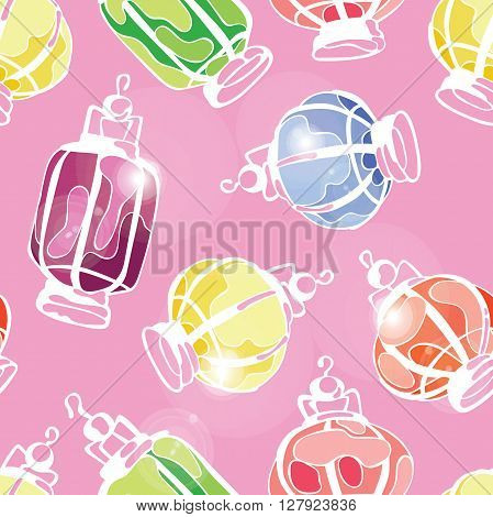 Paper Lanterns. Balloons paper lamps. Paper lanterns in different colors. White glowing light burst, bright flare. Glare. Vector seamless pattern (background).
