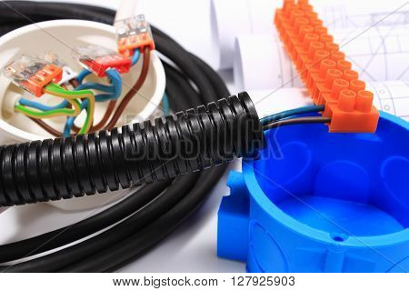 Components for use in electrical installations and rolls of electrical diagrams copper wire connections in electrical box energy concept