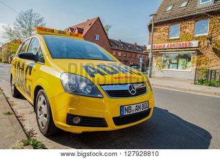 NEUBRANDENBURG/ GERMANY - 1 MAY 2016: an ADAC breakdown service car stands on a street in Neubrandenburg Germany at 1. may 2016.