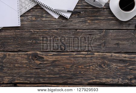 Office desktop with office accessories top view with copy space