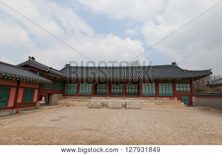 SEOUL SOUTH KOREA - MARCH 14 2016: Jipgyeongdang Hall (circa 19th c.) of Gyeongbokgung Palace in Seoul Korea. Served as a reception hall for foreign envoys