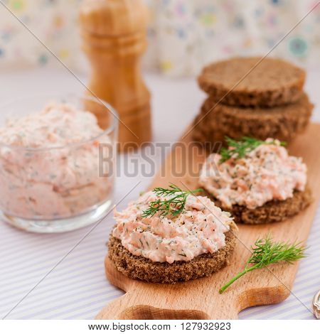 Smoked Salmon, Cream Cheese, Dill And Horseradish Pate On Rye Bread Slices