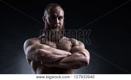 Strong Bearded Man With Perfect Abs, Shoulders, Biceps, Triceps And Chest.