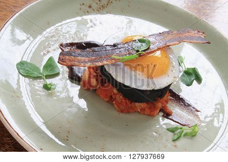 Bacon Egg Black Pudding Baked Beans Plated Meal