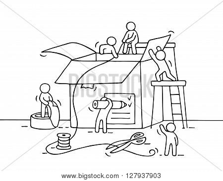 Sketch of working little people with package. Doodle cute miniature of teamwork and post. Hand drawn cartoon vector illustration for business design and infographic.