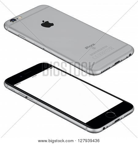 Varna Bulgaria - October 25 2015: Space Gray Apple iPhone 6s mockup lies on the surface with white screen and back side with Apple Inc logo. Isolated on white.