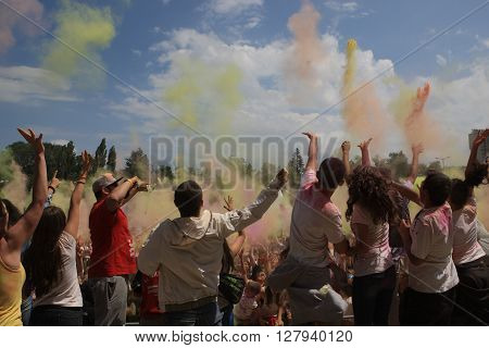 SOFIA, BULGARIA - June 20, 2015: Happy people during Festival of colours Holi.