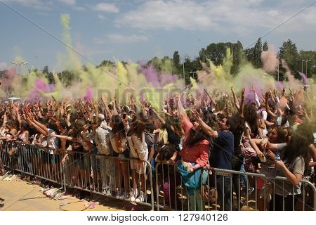 SOFIA, BULGARIA - June 20, 2015: Happy people during Festival of colours Holi.