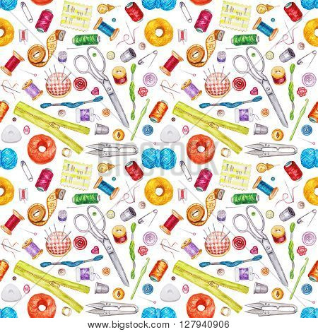 Seamless watercolor pattern of various sewing tools. Sewing kit accessories and equipment for sewing. Tools for needlework. Scissors buttons bobbins with thread and needles