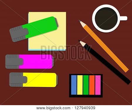 Stationery: markers, stickers, pencils. Vector illustration. It can be used for the websites, registration of magazines, booklets, leaflets.