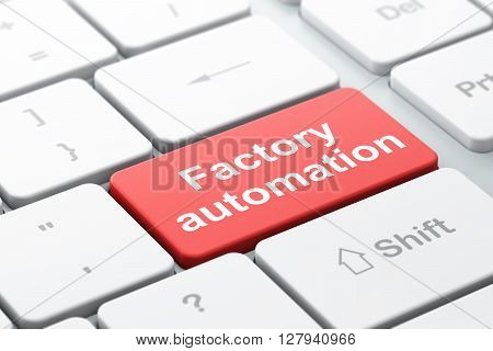 Manufacuring concept: computer keyboard with word Factory Automation, selected focus on enter button background, 3D rendering