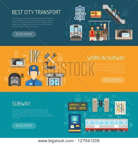 Horizontal underground banners presenting subway advertising it like best city transport and work in subway flat vector illustration