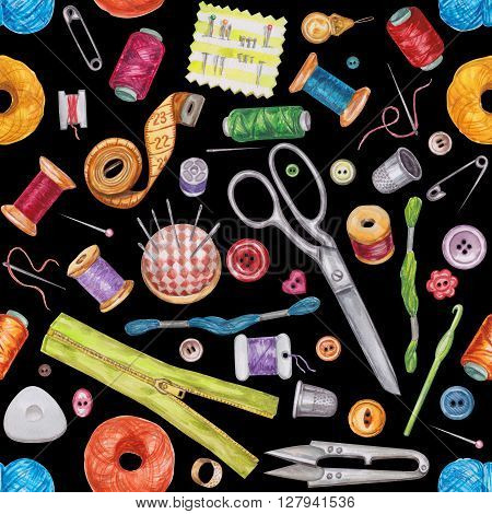 Seamless watercolor pattern of various sewing tools. Sewing kit accessories and equipment for sewing. Tools for needlework. Scissors buttons bobbins with thread and needles