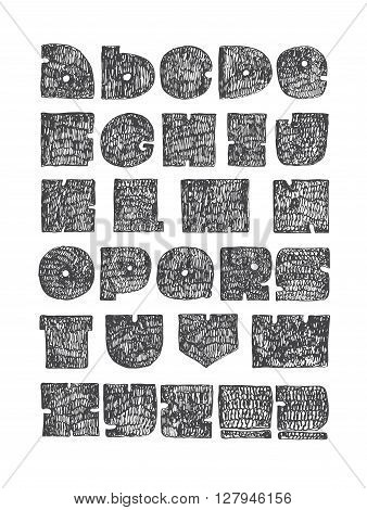 Hand drawn large letters from a to z with punctuation marks. Perfect for creative lettering massive solid hatched with thin nib and brush. Alphabet made in solid geometric style isolated on white background