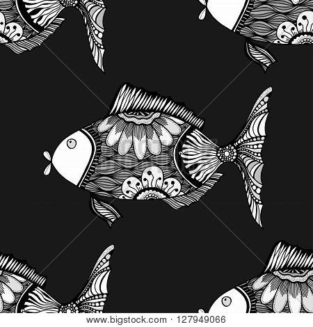 Seamless background of abstract fish: pipefish and small fish plants hand drawn style zentangle. Black and white vector illustration.