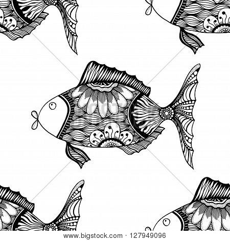 Seamless background of abstract fish: pipefish and small fish plants hand drawn style zentangle. Black and white vector illustration.