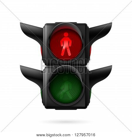 Realistic pedestrian traffic lights with red lamp on. Illustration on white background