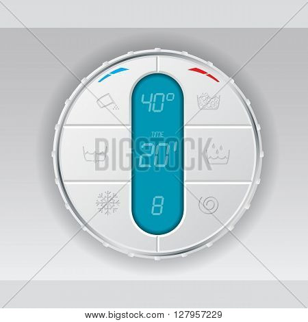 Wash machine control panel with turquoise lcd showing temperature program and time