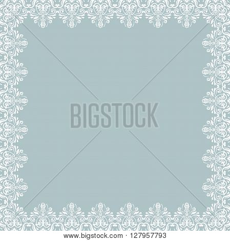 Classic vector square frame with arabesques and orient elements. Abstract fine ornament with place for text. White square frame. Fine light blue and white greeting card. Square pattern
