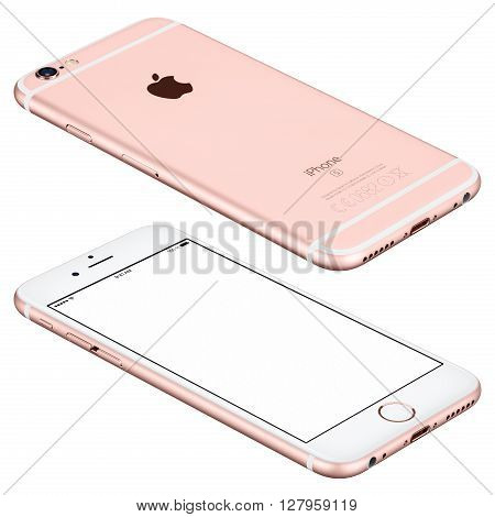Varna Bulgaria - October 25 2015: Rose Gold Apple iPhone 6s mockup lies on the surface with white screen and back side with Apple Inc logo. Isolated on white.