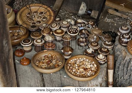Etar,  Gabrovo, Bulgaria - April 13, 2012: Retail shop in workshop for wooden hand-made souvenir, Etar, Gabrovo, Bulgaria. Visit of Gabrovo region in springtime.