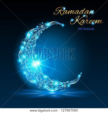 Glowing ornate crescent with bright flare and radiance in blue shades. Greeting card of holy Muslim month Ramadan