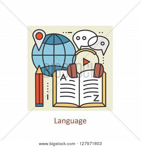 Modern color thin line concept of learning foreign languages, language training school. Art design vectors collection, Flat Style. Logo Concepts  for Trendy Designs.  Vector line background.