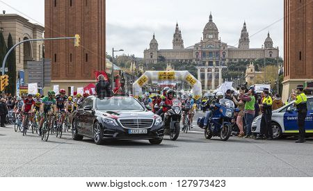 Barcelona Spain - March, 27 2016: The peloton at the start of the last stage of Volta Ciclista a Catalunya 2016 in Montjuic Bracelona Spain on March 27 2016.