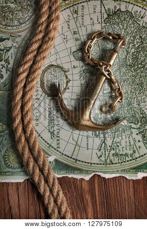 Vintage Brass Anchor And World Map