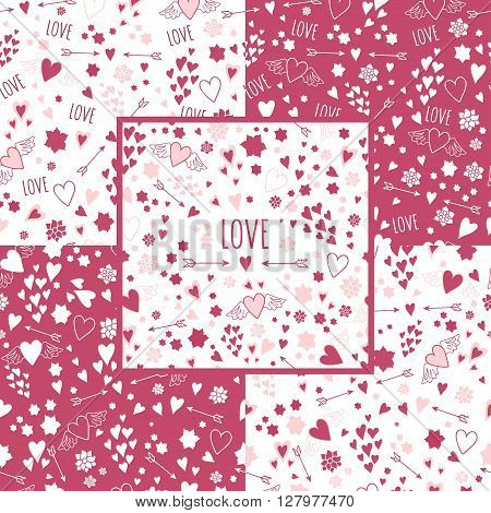 Set of rose and white seamless patterns with hearts and arrows. Seamless heart patterns with love lettering. Hand drawn seamless heart patterns with flowers