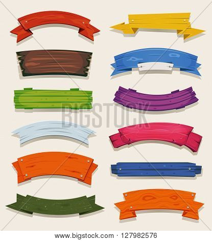 Illustration of a set of various comic colored wooden banners ribbons origami swirls and scrolls