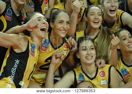 ANKARA/TURKEY-April 30, 2016: Volleyball Women 1st Laegue of Turkey Final Four matches at the Baskent Volleyball Hall and champion Vakifbank Team. April 30, 2016-Ankara/Turkey