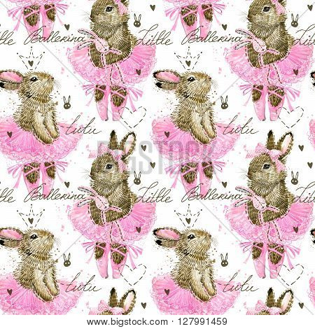 Cute Bunny. Cute Bunny seamless pattern. Seamless pattern for kid. Cute Ballerina.  Watercolor Bunny illustration.