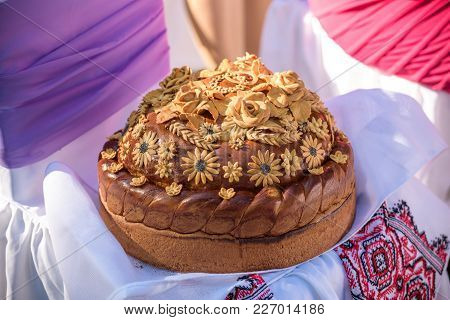 Traditional Wedding Ukrainian Bread Korovai With Flowers