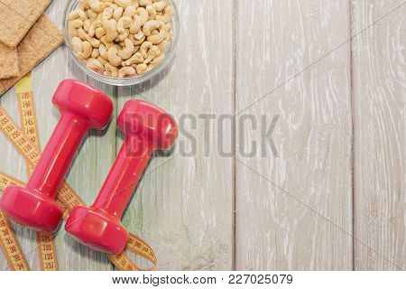 The Concept Of A Healthy Diet. Small Dumbbells, Healthy Lifestyle. Sport. Fitness Food.
