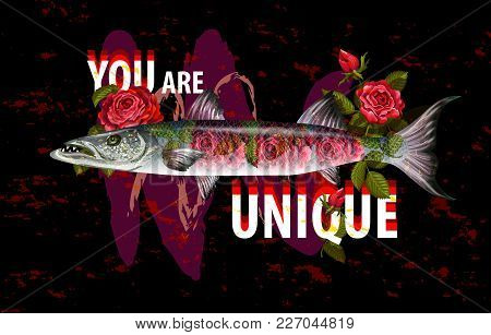 Unique Fashion Print For Clothers With Fish Barracuda And Roses .