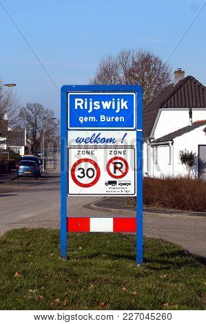 Rijswijk, The Netherlands - February 17, 2018: City Entering Welcome Sign Rijswijk Gemeente Buren.