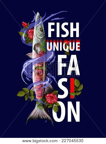 Unique Fashion Print For Clothers With Fish Barracuda And Roses .