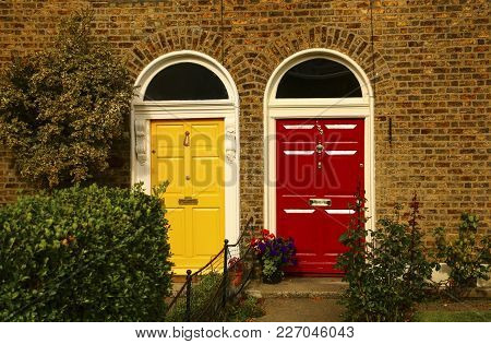Two Vintage Georgian Doors Yellow And Red Colors In Dublin,ireland