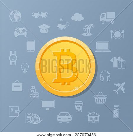 Golden Coin Bitcoin With Set Of Service Icons. Electronic Means Of Payment. Cryptocurrency Capitaliz