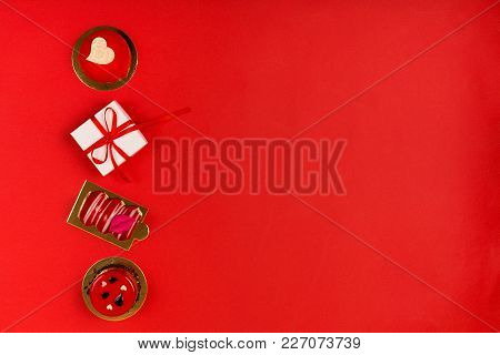 Present On A Bright Red Background With A Copy Space