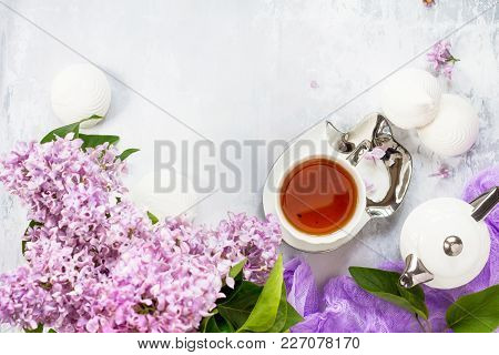 Relaxation Time Concept. Homemade Zephyr With Cup Of Tea On A Cozy Kitchen Table. Copy Space, Top Vi