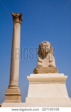 Pompey's Pillar And Sphinx In Alexandria, Egypt