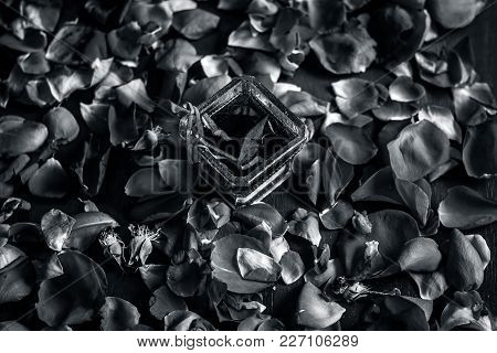 Rose Syrup,rosa Syrup With Rose Petals On A Wooden Surface Are The Ingredients For The Preparation O