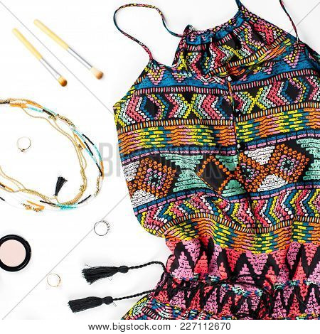 Woman Summer Clothes And Fashion Accessories. Colorful Jumpsuit, Sandals, Women Accessories, Make Up