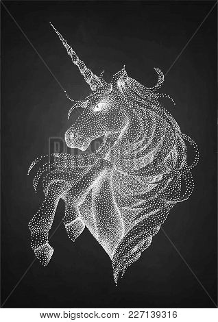 Cute Graphic Unicorn Drawn In Stippling Technique. Vector Fantasy Art