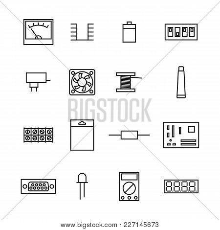 Set Of Various Electronic And Radio Components Of The Thin Lines, Isolated On White Background. Flat