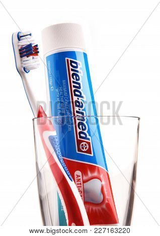Poznan, Poland - Feb 14, 2018: Blend-a-med Toothpaste, A German Brand Acquired By Procter & Gamble I