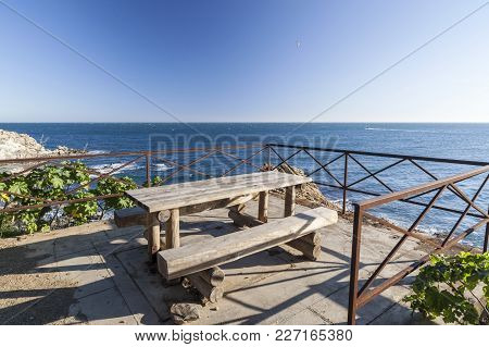 Mediterranean View, Balcony Over Sea Wooden Table, Banyuls Sur Mer,france.
